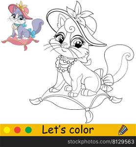 Cartoon cute funny cat in the hat. Coloring book page with colorful template for kids. Vector isolated illustration. For coloring book, print, game, party, design. Cartoon cat in the hat coloring book page vector