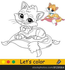 Cartoon cute funny cat lying on a pillow. Coloring book page with colorful template for kids. Vector isolated illustration. For coloring book, print, game, party, design. Cartoon cat lying on a pillow coloring book page vector