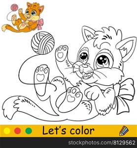 Cartoon cute funny cat playing with a ball of thread. Coloring book page with colorful template for kids. Vector isolated illustration. For coloring book, print, game, party, design. Cartoon cat with a ball of thread coloring book page vector