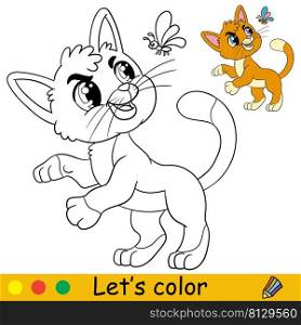 Cartoon cute funny cat playing with a butterfly. Coloring book page with colorful template for kids. Vector isolated illustration. For coloring book, print, game, party, design. Cartoon cat with a butterfly coloring book page vector
