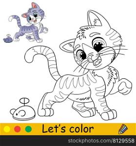 Cartoon cute funny cat playing with a toy mouse. Coloring book page with colorful template for kids. Vector isolated illustration. For coloring book, print, game, party, design. Cartoon cat with a toy mouse coloring book page vector