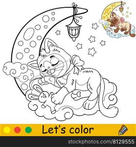 Cartoon cute funny cat sleeping on the moon. Coloring book page with colorful template for kids. Vector isolated illustration. For coloring book, print, game, party, design. Cartoon cat sleeping on the moon coloring book page vector
