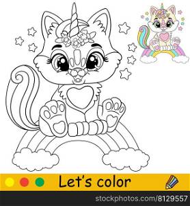 Cartoon cute funny cat unicorn sitting on a rainbow. Coloring book page with colorful template for kids. Vector isolated illustration. For coloring book, print, game, party, design