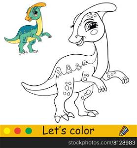 Cartoon cute funny dinosaur Parasaurolophus. Coloring book page with colorful template for kids. Vector isolated illustration. For coloring book, print, game, party, design. Cartoon standing Parasaurolophus coloring book page vector