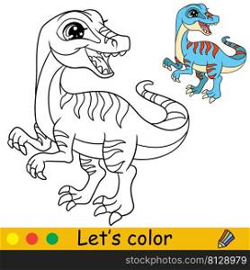 Cartoon cute funny dinosaur Velociraptor. Coloring book page with colorful template for kids. Vector isolated illustration. For coloring book, print, game, party, design. Cartoon standing Velociraptor coloring book page vector