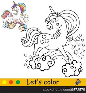 Cartoon cute funny doodle unicorn with a rainbow. Coloring book page. Black and white vector isolated illustration with colorful template for kids. For coloring book, print, game, party, design. Cartoon doodle unicorn kids coloring vector illustration
