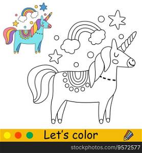 Cartoon cute funny doodle unicorn with a rainbow. Coloring book page. Black and white vector isolated illustration with colorful template for kids. For coloring book, print, game, party, design. Cartoon doodle unicorn kids coloring book page vector