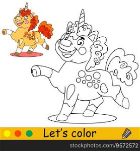 Cartoon cute funny orange unicorn. Coloring book page. Black and white vector isolated illustration with colorful template for kids. For coloring book, print, game, party, design. Cartoon orange unicorn kids coloring book page vector
