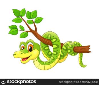 Cartoon cute funny python snake on jungle tree, vector green anaconda. Serpent animal or snake character, on forest tree, happy reptile cobra or rattlesnake with friendly smile on face. Cartoon cute funny python snake on jungle tree