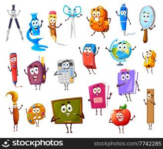 Cartoon cute funny school supplies and stationery characters, vector. Back to school, education books, pencil and blackboard for lessons, eraser, ruler and school bag, paint and pen smiling. Cartoon cute funny school supplies and stationery