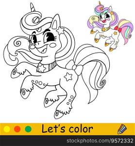 Cartoon cute funny unicorn character. Coloring book page. Black and white vector isolated illustration with colorful template for kids. For coloring book, print, game, party, design. Cartoon unicorn kids coloring book page vector 5