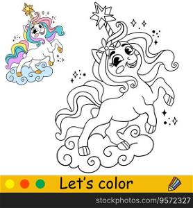 Cartoon cute funny unicorn character on a cloud. Coloring book page. Black and white vector isolated illustration with colorful template for kids. For coloring book, print, game, party, design. Cartoon unicorn kids coloring book page vector 10