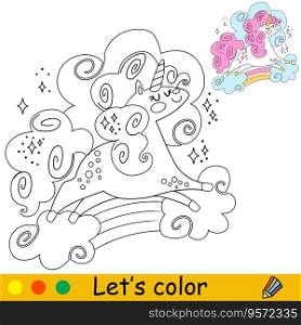 Cartoon cute funny unicorn character with a rainbow. Coloring book page. Black and white vector isolated illustration with colorful template for kids. For coloring book, print, game, party, design. Cartoon unicorn kids coloring book page vector 1