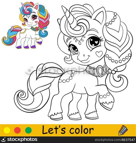 Cartoon cute funny unicorn girl character with jewels. Coloring book page with colorful template for kids. Vector isolated illustration. For coloring book, print, game, party, design. Cartoon girl unicorn with jewels coloring book page vector