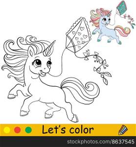 Cartoon cute funny unicorn girl character with kite. Coloring book page with colorful template for kids. Vector isolated illustration. For coloring book, print, game, party, design. Cartoon girl unicorn with kite coloring book page vector