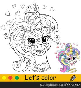 Cartoon cute funny unicorn girl head with jewels. Coloring book pa≥with colorful template for kids. Vector isolated illustration. For coloring book, pr∫, game, party, design. Cartoon girl unicorn head with jewels coloring book pa≥vector