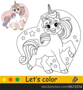 Cartoon cute funny unicorn in a heart. Coloring book page. Black and white vector isolated illustration with colorful template for kids. For coloring book, print, game, party, design. Cartoon unicorn in a heart kids coloring book page vector