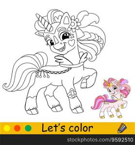 Cartoon cute funny unicorn queen. Coloring book page. Unicorn character. Black and white vector isolated illustration with colorful template for kids. For coloring book, print, game, party, design. Cartoon unicorn queen kids coloring book page vector