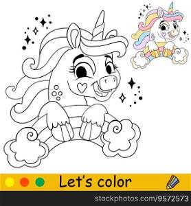 Cartoon cute funny unicorn with a rainbow. Coloring book page. Black and white vector isolated illustration with colorful template for kids. For coloring book, print, game, party, design. Cartoon happy unicorn with a rainbow kids coloring vector