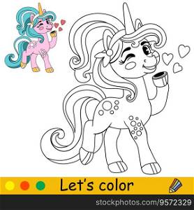 Cartoon cute funny unicorn with hearts character. Coloring book page. Black and white vector isolated illustration with colorful template for kids. For coloring book, print, game, party, design. Cartoon unicorn kids coloring book page vector 9