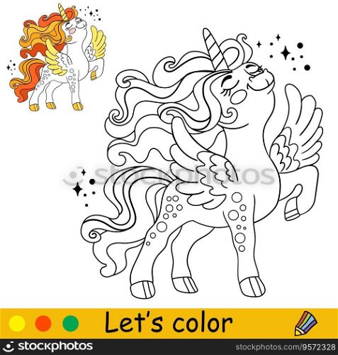 Cartoon cute funny unicorn with wings character. Coloring book page. Black and white vector isolated illustration with colorful template for kids. For coloring book, print, game, party, design. Cartoon unicorn kids coloring book page vector 8