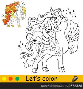 Cartoon cute funny unicorn with wings character. Coloring book page. Black and white vector isolated illustration with colorful template for kids. For coloring book, print, game, party, design. Cartoon unicorn kids coloring book page vector 8