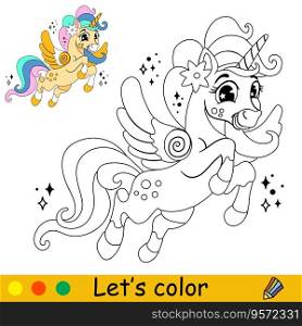 Cartoon cute funny unicorn with wings character. Coloring book page. Black and white vector isolated illustration with colorful template for kids. For coloring book, print, game, party, design. Cartoon unicorn kids coloring book page vector 6