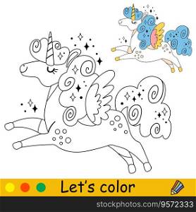 Cartoon cute funny unicorn with wings character. Coloring book page. Black and white vector isolated illustration with colorful template for kids. For coloring book, print, game, party, design. Cartoon unicorn kids coloring book page vector 4