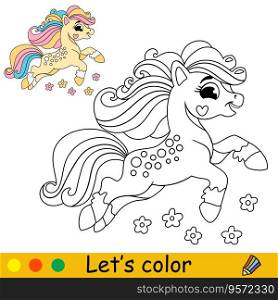 Cartoon cute funny unicorn with wings character with flowers. Coloring book page. Black and white vector isolated illustration with colorful template for kids. For coloring book, print, game, design. Cartoon unicorn kids coloring book page vector 7