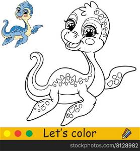 Cartoon cute funny water dinosaur Plesiosaur. Coloring book page with colorful template for kids. Vector isolated illustration. For coloring book, print, game, party, design. Cartoon baby Plesiosaur coloring book page vector