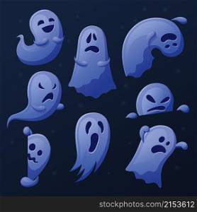 Cartoon cute ghost. Funny ghosts collection, spooked halloween symbols. Spooky phantom, funny emotional spirit. Holiday friendly vector elements. Illustration of ghost halloween, scary and funny. Cartoon cute ghost. Funny ghosts collection, spooked halloween symbols. Spooky phantom, funny emotional spirit. Holiday friendly recent vector elements
