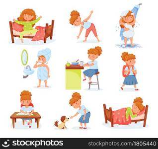 Cartoon cute girl daily routine and children activities. Child brushing teeth, eating breakfast, studying. Day routine for kids vector set. Everyday habits as doing sport, playing with dog. Cartoon cute girl daily routine and children activities. Child brushing teeth, eating breakfast, studying. Day routine for kids vector set