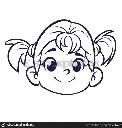 Cartoon cute girl face outlined. Vector illustration of a small girl. Cartoon funny little boy head