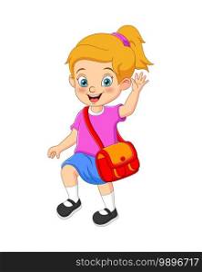 Cartoon cute girl go to school with backpack