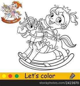 Cartoon cute girl in a fantasy rocking horse unicorn. Coloring book page with colorful template for kids. Vector isolated illustration. For coloring book, print, game, party, design. Cartoon cute girl in a rocking horse coloring
