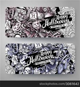 Cartoon cute graphic toned vector hand drawn doodles Halloween corporate identity. 2 horizontal banners design. Templates set. All objects separate. Cartoon cute graphic toned vector hand drawn doodles Halloween banners