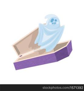 Cartoon cute halloween ghost fly out the coffin. Vector illustration.
