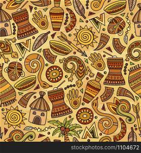 Cartoon cute hand drawn African seamless pattern. Colorful detailed, with lots of objects background. Endless funny vector illustration. Bright colors backdrop. Cartoon cute hand drawn African seamless pattern