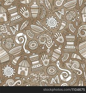 Cartoon cute hand drawn African seamless pattern. Colorful detailed, with lots of objects background. Endless funny vector illustration. Bright colors backdrop. Cartoon cute hand drawn African seamless pattern