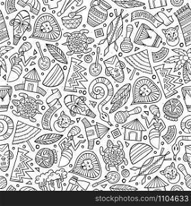 Cartoon cute hand drawn African seamless pattern. Line art detailed, with lots of objects background. Endless funny vector illustration. Cartoon cute hand drawn African seamless pattern
