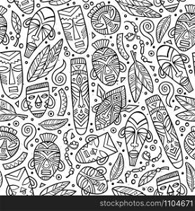 Cartoon cute hand drawn African seamless pattern. Line art detailed, with lots of objects background. Endless funny vector illustration. Outline backdrop. Cartoon cute hand drawn African seamless pattern