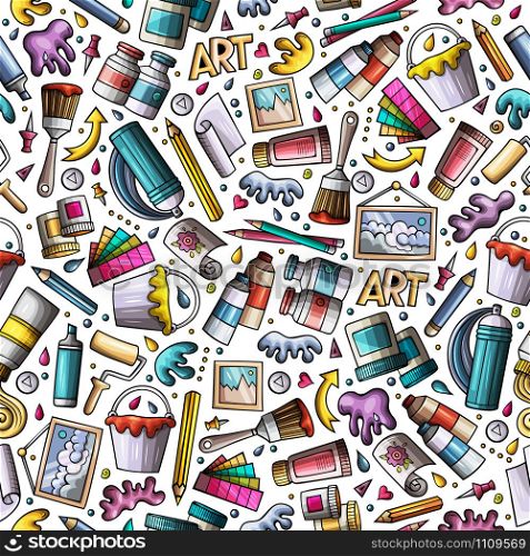 Cartoon cute hand drawn Art seamless pattern. Colorful detailed, with lots of objects background. Endless funny vector illustration. Bright colors artist backdrop.. Cartoon cute hand drawn Artist seamless pattern