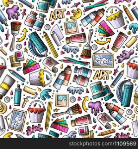 Cartoon cute hand drawn Art seamless pattern. Colorful detailed, with lots of objects background. Endless funny vector illustration. Bright colors artist backdrop.. Cartoon cute hand drawn Artist seamless pattern