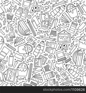 Cartoon cute hand drawn Art seamless pattern. Line art detailed, with lots of objects background. Endless funny vector illustration. Sketchy artist backdrop.. Cartoon cute hand drawn Artist seamless pattern