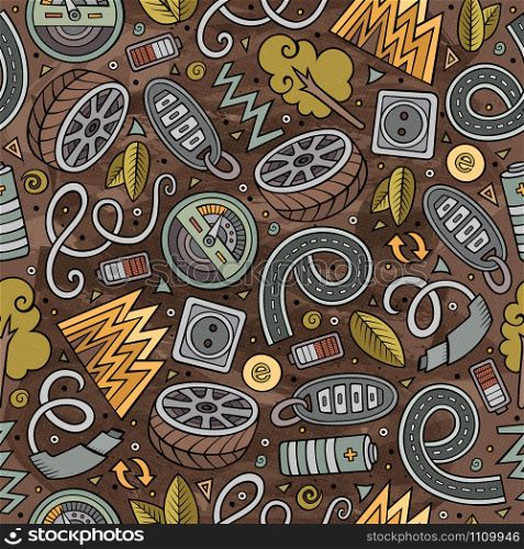 Cartoon cute hand drawn automotive seamless pattern. Colorful detailed, with lots of objects background. Endless funny vector illustration. Bright colors backdrop. Cartoon cute hand drawn automotive seamless pattern