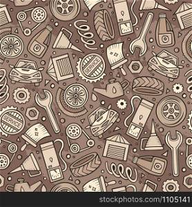 Cartoon cute hand drawn Automotive seamless pattern. Illustration with lots of elements. Endless funny vector background. Cartoon cute hand drawn Automotive seamless pattern