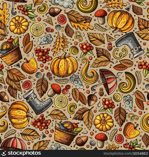 Cartoon cute hand drawn Autumn seamless pattern. Colorful detailed, with lots of objects background. Endless funny vector illustration. Bright colors fall backdrop.. Cartoon cute hand drawn Autumn seamless pattern