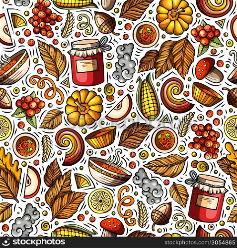 Cartoon cute hand drawn Autumn seamless pattern. Colorful detailed, with lots of objects background. Endless funny vector illustration. Bright colors fall backdrop.. Cartoon cute hand drawn Autumn seamless pattern