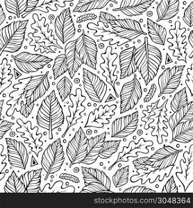 Cartoon cute hand drawn Autumn seamless pattern. Line art detailed, with lots of objects background. Endless funny vector illustration. Bright colors fall backdrop.. Cartoon cute hand drawn Autumn seamless pattern