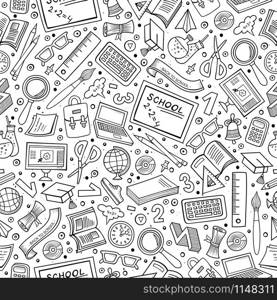 Cartoon cute hand drawn Back to school seamless pattern. Sketchy detailed, with lots of objects background. Endless funny vector illustration. Line art backdrop with education items.. Cartoon Back to school seamless pattern